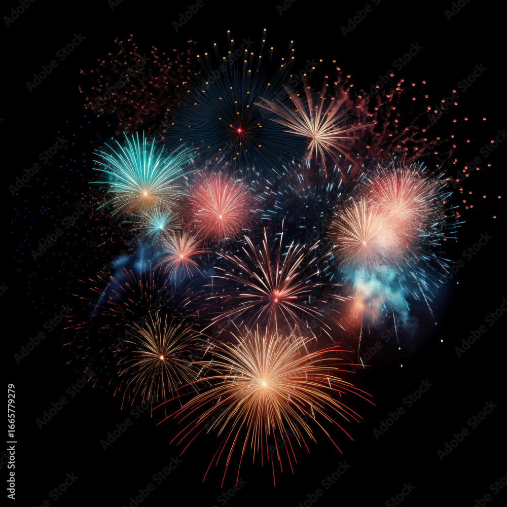 Fototapeta premium Gold Spark Firework Texture Radiant Pattern, Isolated on Black, Vibrant Fireworks Texture Burst on Black Night Sky, Dynamic Starburst Firework Texture for Party, Festival, and Celebration Backdrops