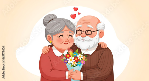 Affectionate Elderly Couple Embracing, Holding Colorful Flower Bouquet