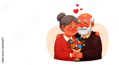 Affectionate Senior Couple Embraces with Colorful Bouquet