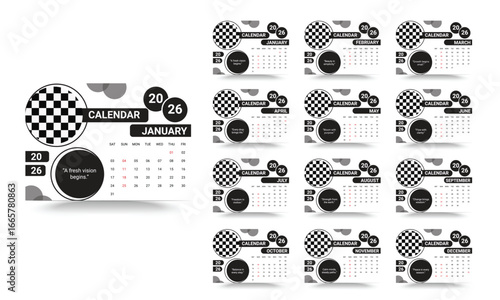 2026 Calendar Planner Set of Template 12 Monthly Page for Company or Personal use. Creative print ready desk calendar design 2026.