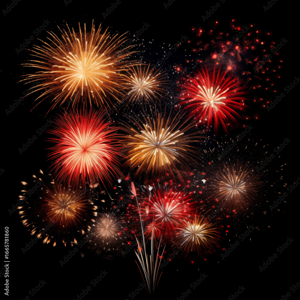 Fototapeta premium Gold Spark Firework Texture Radiant Pattern, Isolated on Black, Vibrant Fireworks Texture Burst on Black Night Sky, Dynamic Starburst Firework Texture for Party, Festival, and Celebration Backdrops
