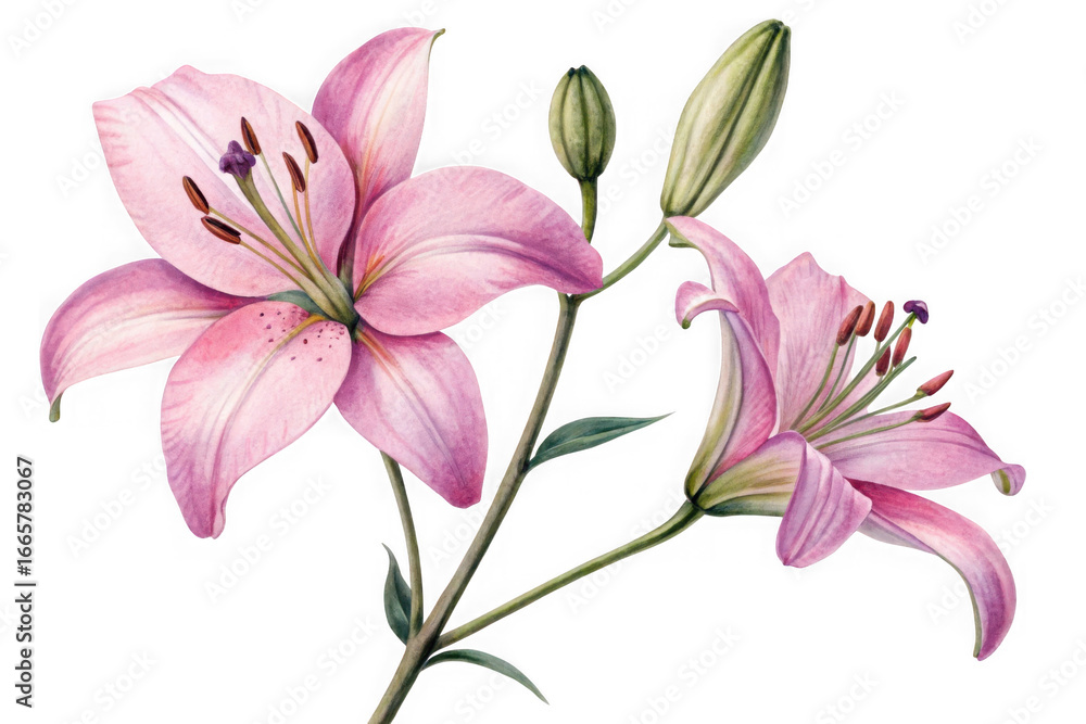 Fototapeta premium Delicate pink lily flowers with buds and green stems isolated on transparent background