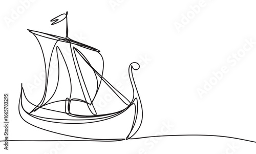 Viking Ship Silhouette Single Line Art