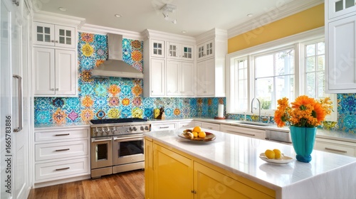 Bright, colorful kitchen with yellow island