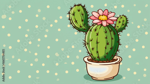 Cartoon-style cactus with pink flower in a round ceramic pot illustration. Ai generated.