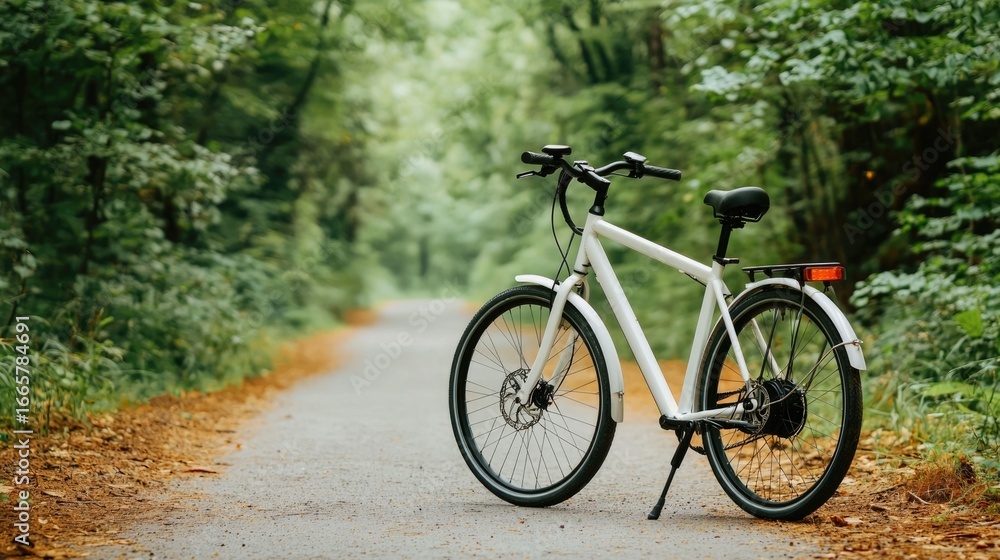 Fototapeta premium Eco Friendly Electric Bicycle Parked Amidst Lush Park Scenery with Winding Trail and Vibrant Foliage Showcasing a Sustainable and Peaceful Outdoor Lifestyle