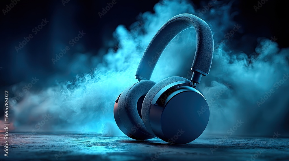 Fototapeta premium Headphones in smoky neon light