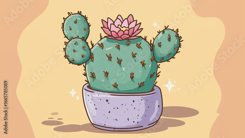 Cartoon-style cactus with pink flower in a round ceramic pot illustration. Ai generated.