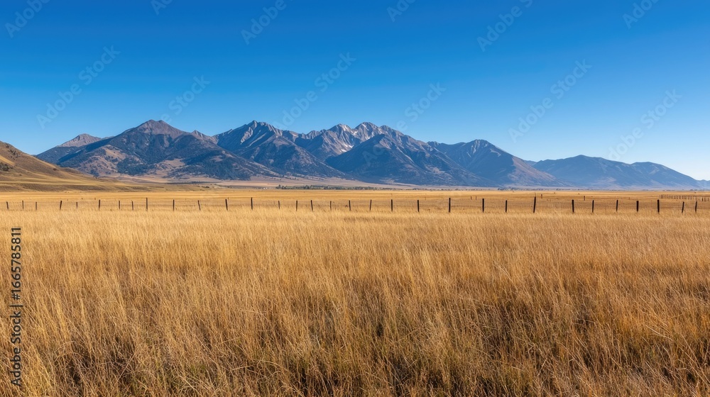 Fototapeta premium Majestic snow capped mountain range rising up against a clear blue sky framed by an expansive grassy farmland with an electric fence stretching across the foreground