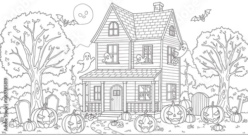 Wallpaper Mural Spooky Halloween House with Ghosts, Bats, and Jack-o'-Lanterns Coloring Page Torontodigital.ca