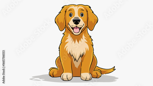 Cartoon-style golden retriever dog sitting happily with white background illustration. Ai generated.