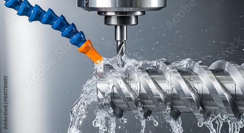 CNC Milling Machine Cutting Metal with Coolant Flow.