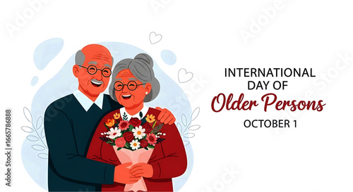 Happy elderly couple embracing, woman holding colorful bouquet of flowers, joyful expressions, cartoon style illustration