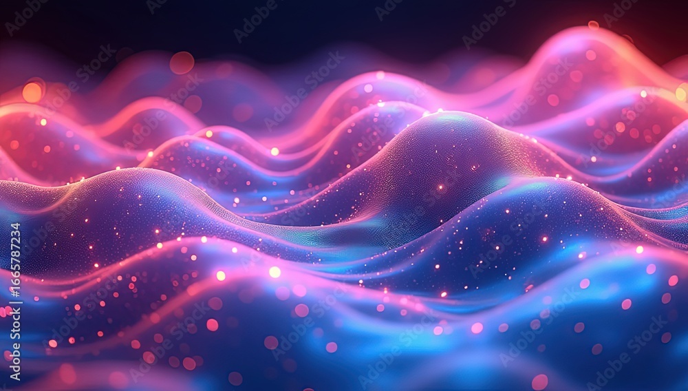Fototapeta premium Vibrant neon-colored liquid waves with glowing particles drifting through cinematic lighting. A futuristic abstract art piece with smooth gradients and luminous effects.