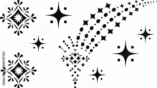 Illustration of black and white decorative elements including stars and floral patterns spread out
