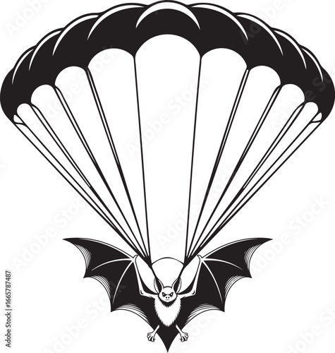 Bat mid-air parachute descending black and white tattoo style graphic