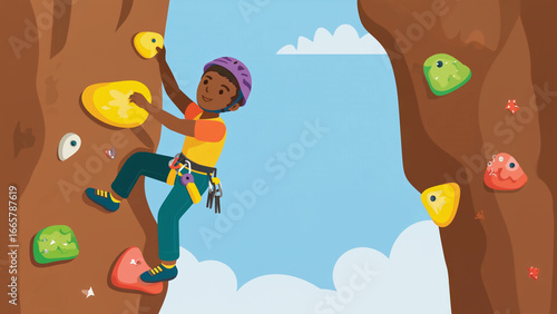 Cartoon-style rock climber hanging from cliff edge, cute safety gear detail illustration. Ai generated.