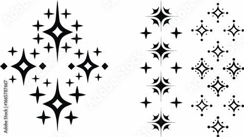 Illustration featuring an arrangement of stylized stars and diamond shapes in varying patterns and sizes