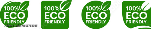 Collection of four green eco friendly badges with leaves and 100 percent eco labels