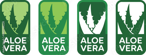 Set of four green and white aloe vera product labels with stylized plant illustrations