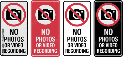 Set of four prohibition signs indicating no photos or video recording allowed