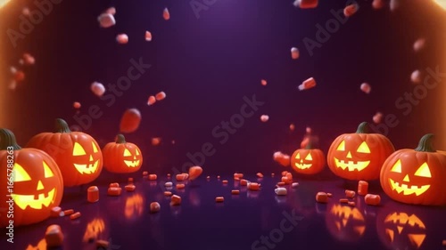 Eerie Jack-o'-Lanterns Glow Mysteriously on a Dark Purple Background, Surrounded by Festive Candies and Reflective Surfaces, Capturing the Spirit of Autumn Nights