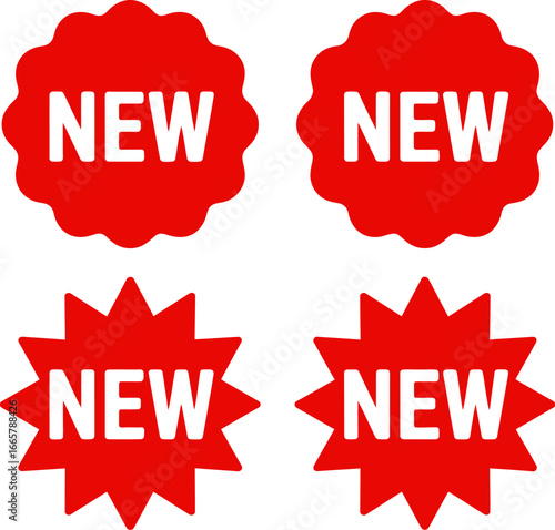 Four red starburst and scalloped edge labels announcing something new