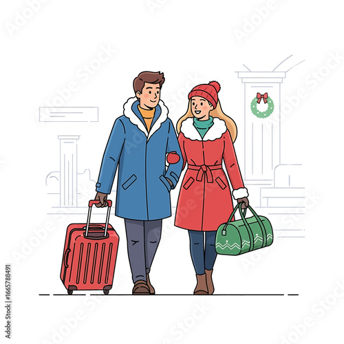 Couple Walking Together With Luggage Winter Outfits Christmas Wreath Holiday Travel high quality professional