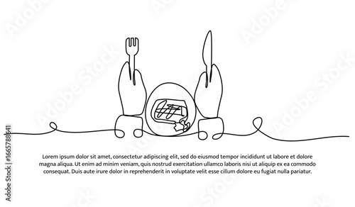 One line of people are eating in a restaurant. Abstract minimal continuous line.