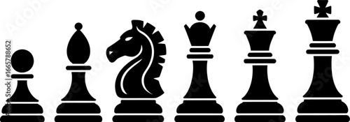 Black silhouette of chess pieces arranged in order on a white background