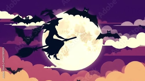 Silhouette of a witch flying on a broomstick against a large full moon with bats in a spooky Halloween night sky