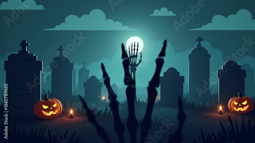 Spooky Halloween Night Skeleton Hand Rises from the Graveyard