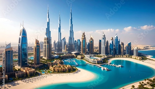 Dubai Skyline with Beach, and Aerial View.