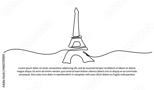 One line of tower of paris. Abstract minimal continuous line.