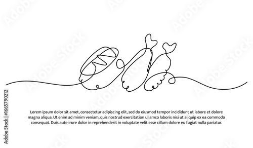 One line of seafood. Abstract minimal continuous line.