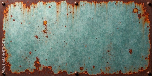 Rustic teal metal plate with aged patina and corrosion showing rivets and edge detail