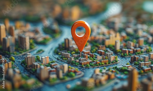 Image of geofencing technology, illustrating a miniature city model with a large geo pin, symbolizing the use of geofencing for marketing, security, and logistics in urban areas, Generative AI