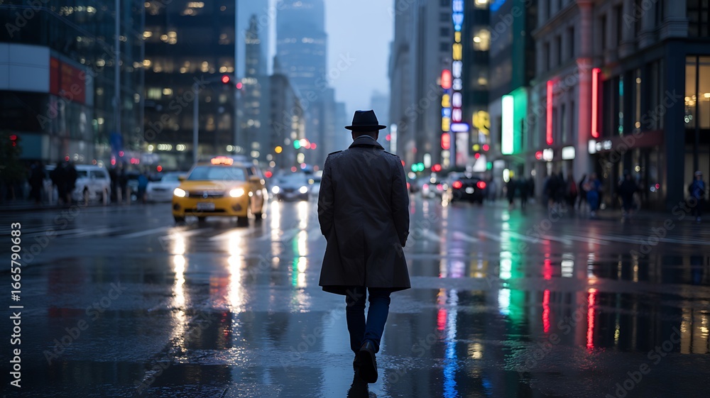 Obraz premium Man in hat and trench coat walking through wet city street at night with neon lights reflection