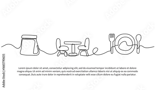 Continuous line design of food packaging in restaurant. Single line decorative element drawn on white.