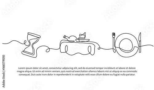 Continuous line design of serve food on time. Single line decorative element drawn on white.