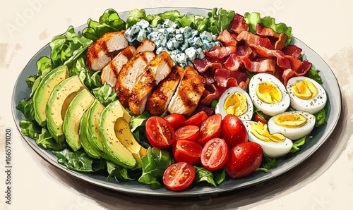 Culinary illustration of salad with chopped tomatoes, crispy bacon, diced chicken, hard-boiled eggs, avocado slices, blue cheese, and mixed greens, drizzled with creamy dressing, Generative AI