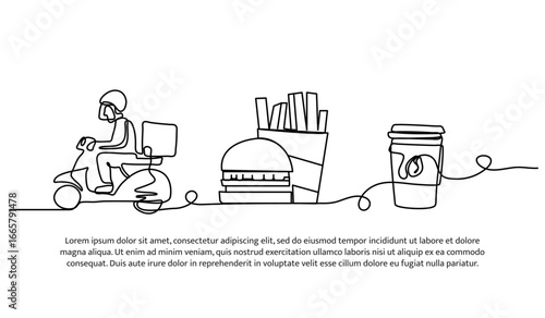 Continuous line design of delivering food. Single line decorative element drawn on white.