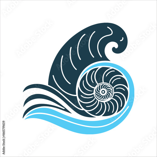 Stylized Wave with Nautilus Shell Graphic Sea Witch Wave cradling a nautilus shell spiral center echoing tidal rhythms