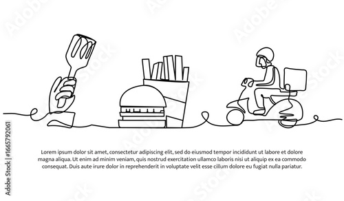 Continuous line design of food delivery. Single line decorative element drawn on white.