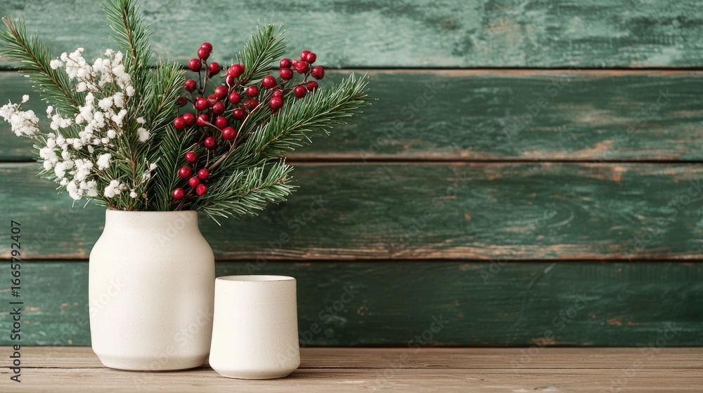 Fototapeta premium A beautiful arrangement of festive seasonal decor goods including pine branches red berries and delicate flowers displayed in a warm and cozy setting