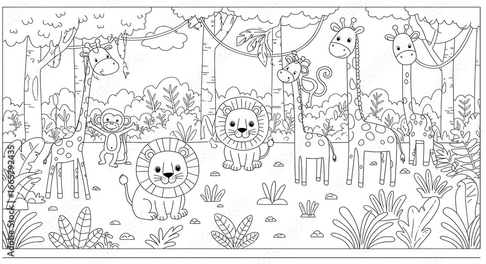 Fototapeta premium Whimsical Jungle Outlines: Giraffes, Lions, and Monkeys in a Playful Coloring Page