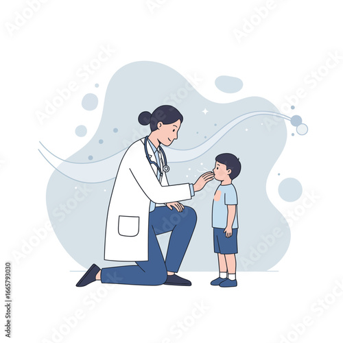 A doctor examining a young boy's throat in a medical office setting.