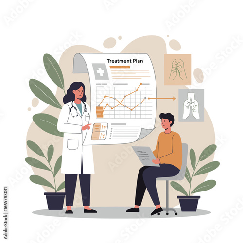 Doctor explaining treatment plan to patient, showing medical charts and graphs.