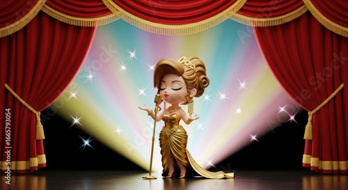 Chibi Diva in Flowing Golden Gown Singing on Stage with Luxury Curtains and Sparkling Pastel Spotlights in Background