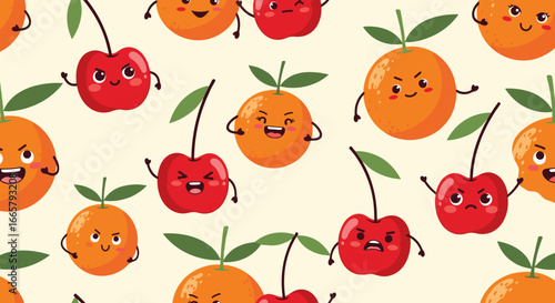 Whimsical fruit friends a delightful pattern of playful cherries and oranges expressing various emotions in a vibrant and cheerful design